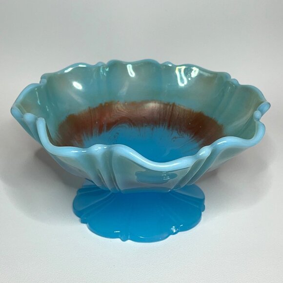 Turquoise/Blue Footed Glass Shallow Ruffled Edge Vintage Bowl - Picture 10 of 10